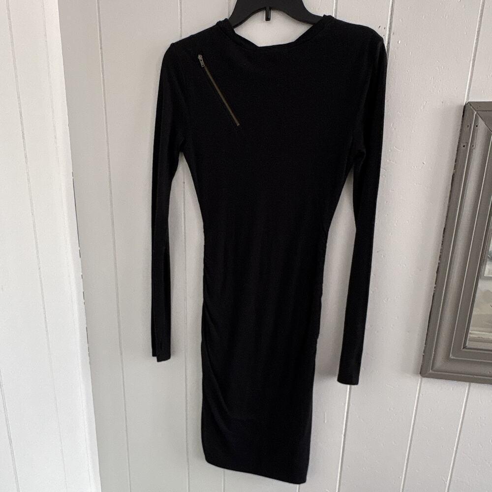 PAM & GELA Black Ruched Bodycon Dress Round Neck Long Sleeve Zipper Petite P - Picture 5 of 5